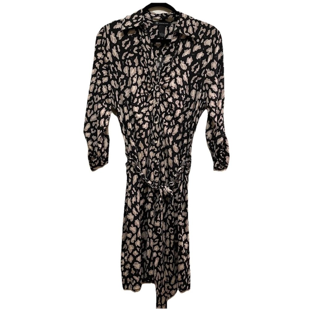 INC INTERNATIONAL CONCEPTS Black Leopard Chain Belt Roll-Tab Sleeve Dress Sz L